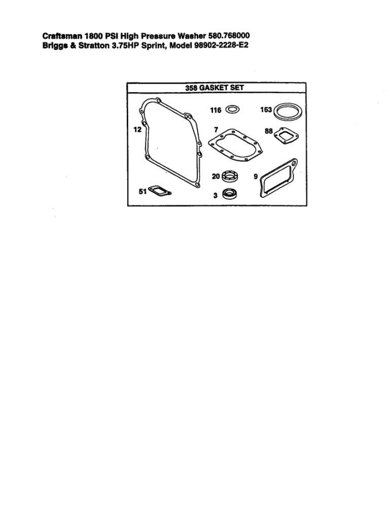 Gasket Set Diagram and Parts List for 98902-2228-E2  Briggs and Stratton Engine